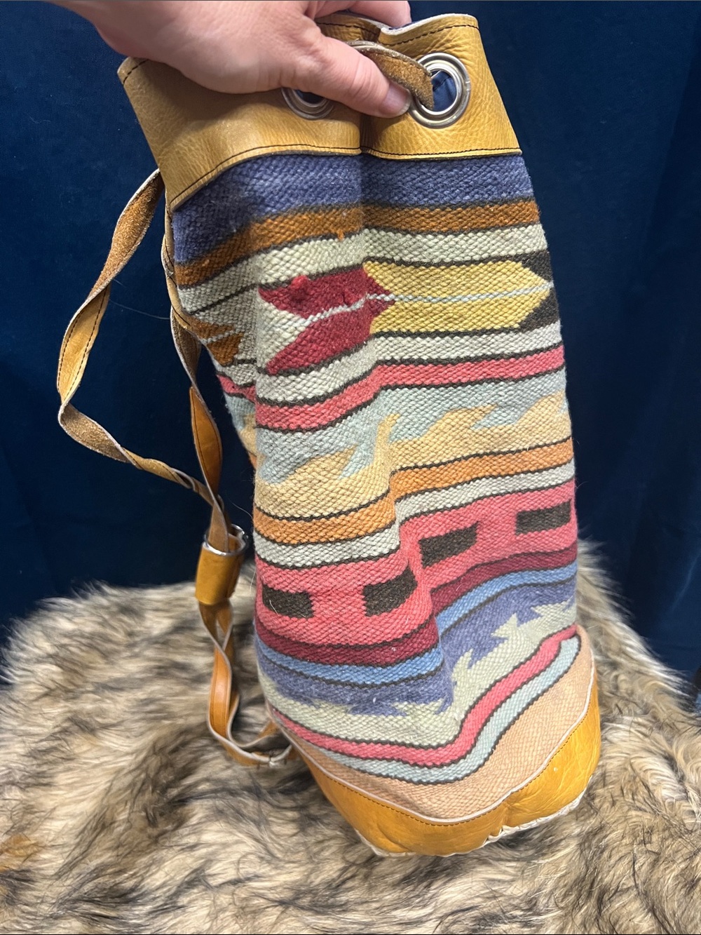 Authentic Native American Handwoven Multicolor Bucket Bag with Leather Trim